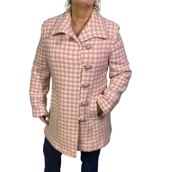 vintage Chadwicks Pink & cream ivory Wool Houndstooth mid length Coat Size 10 - Picture 2 of 9